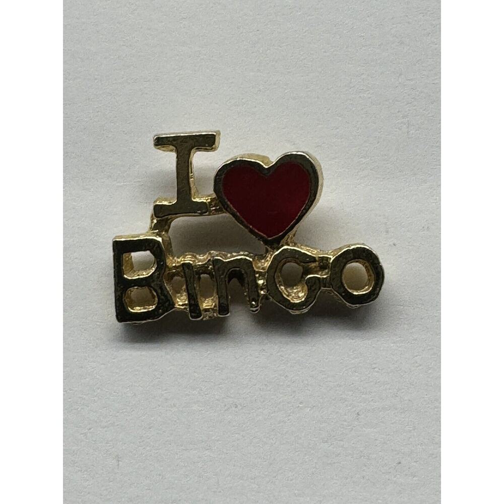 I Love Bingo Gold Colored Lettering Red Heart Tack Lapel Pin